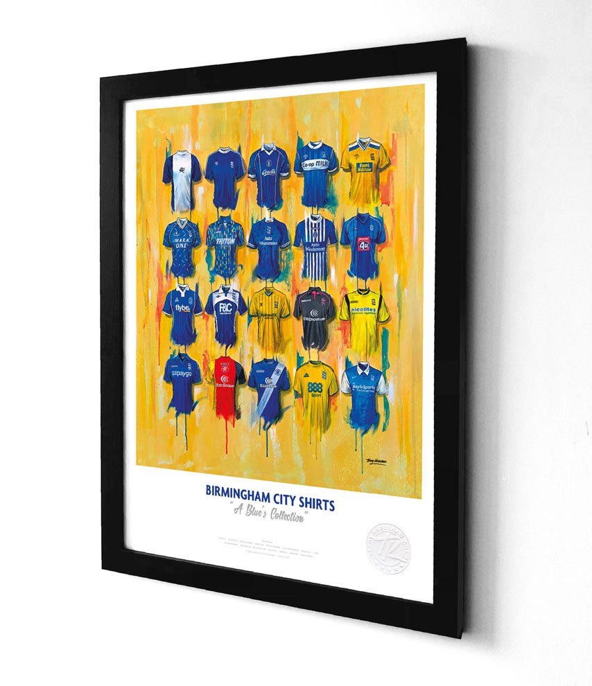 A3 framed print of vibrant birmingham city football shirts on an abstract yellow and orange background