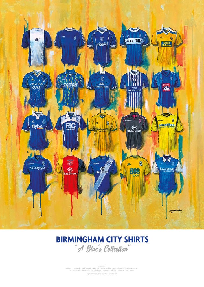 A vibrant limited edition birmingham city fc shirts poster featuring blue yellow and red jerseys on an orange background