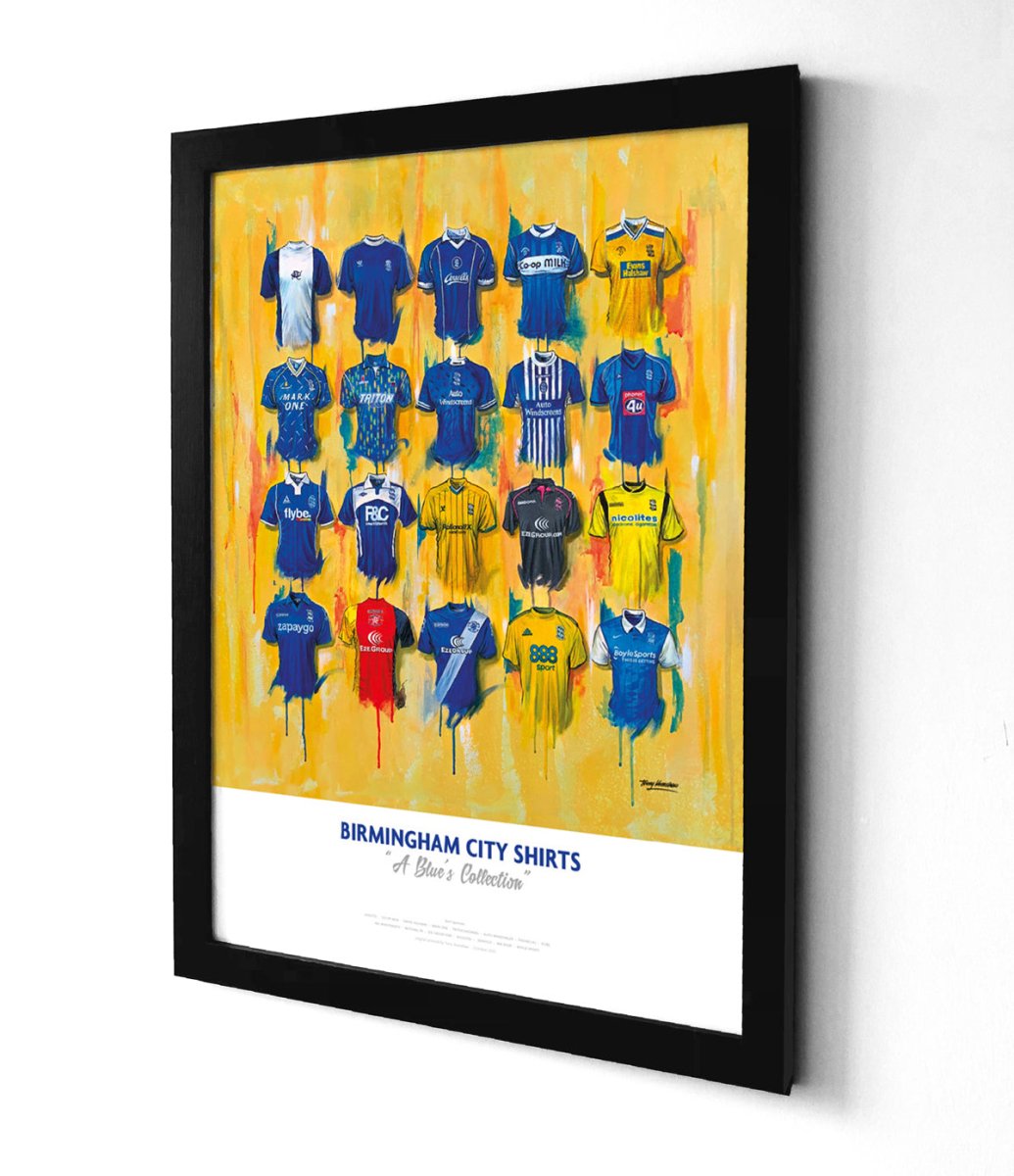 Framed limited edition birmingham city fc shirts print featuring vibrant collection on yellow background