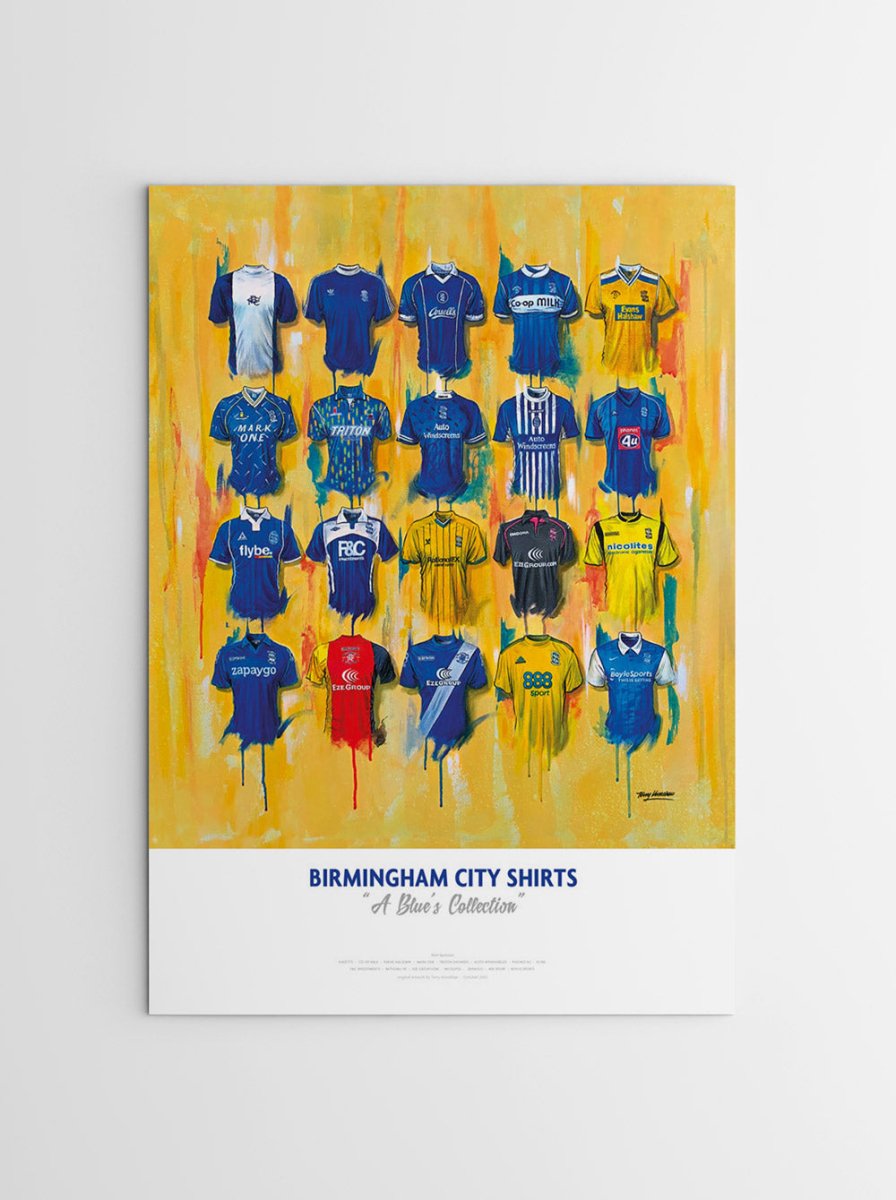 A vibrant limited edition a2 signed print featuring birmingham city shirts with a yellow and orange background