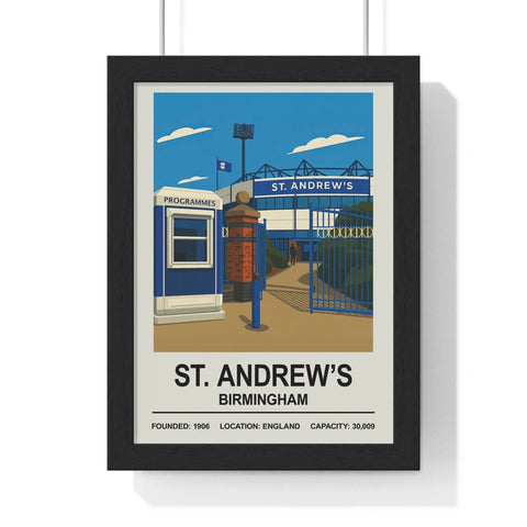 Black-framed poster featuring a stylized illustration of st andrew’s birmingham stadium for birmingham city fans