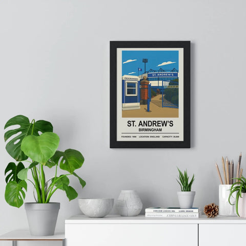 Black-framed poster featuring stylized illustration of st andrew’s birmingham stadium for birmingham city fans