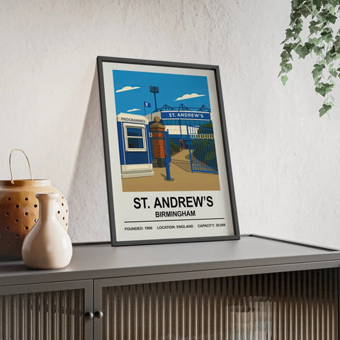 A framed poster print of andrew’s birmingham stadium featuring st andrew’s at birmingham city stadium