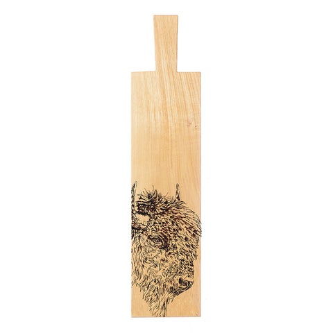 Light-colored bison oak paddle with a hand-carved wooden bison head design perfect for serving and cutting