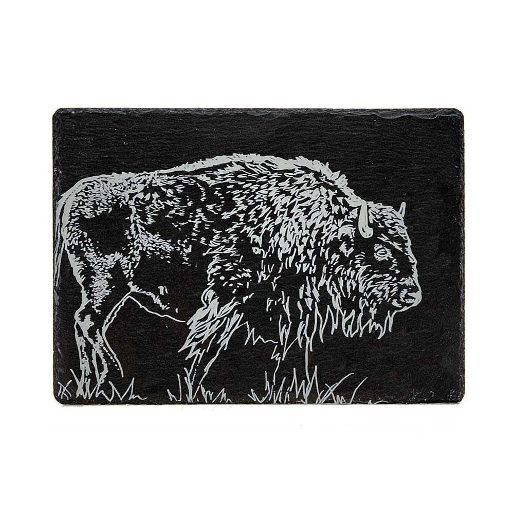 Black slate coaster with detailed white etched bison illustration perfect for bison slate cheese board use