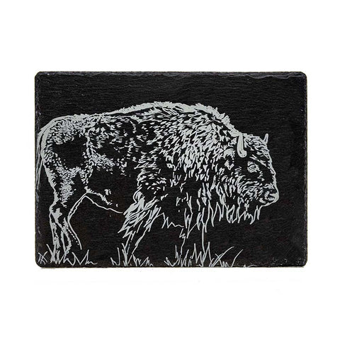Black slate coaster with detailed white etched bison illustration perfect for bison slate cheese board use