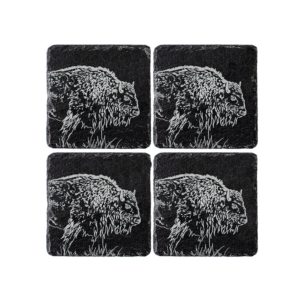 Black slate coasters set of 4 with white buffalo silhouettes engraved slate coasters for rustic decor