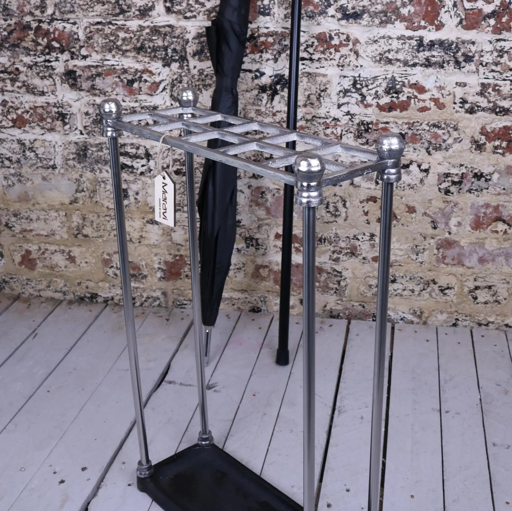 Bitlan rectangular walking stick stand with chrome metal finish spherical finials and black rubber base stick stand