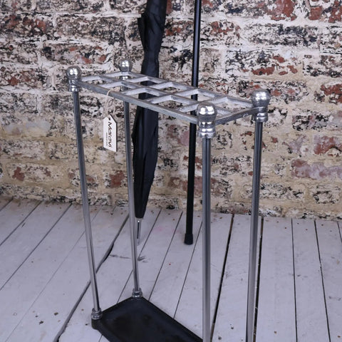 Bitlan rectangular walking stick stand with chrome metal finish spherical finials and black rubber base stick stand