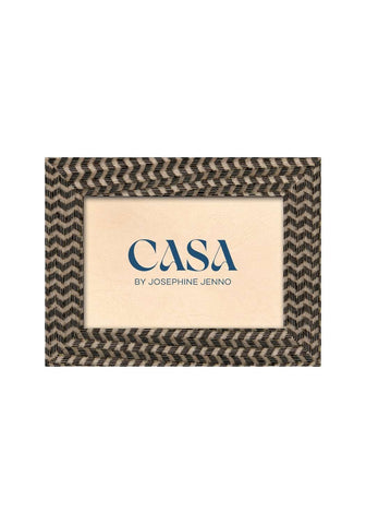 A black and brown marquetry pattern photo frame with a woven texture in shades of brown and beige 6x4 inches