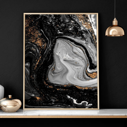Abstract large wall art | set of 3 Black and Gold wall art prints
