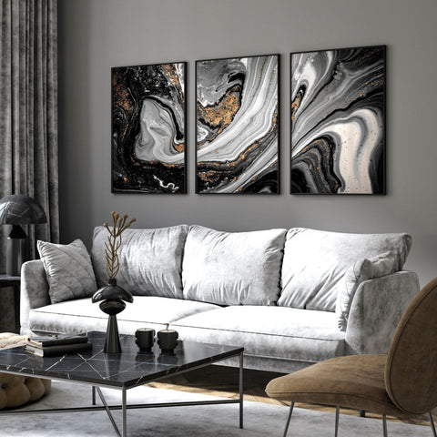 Abstract large wall art | set of 3 Black and Gold wall art prints