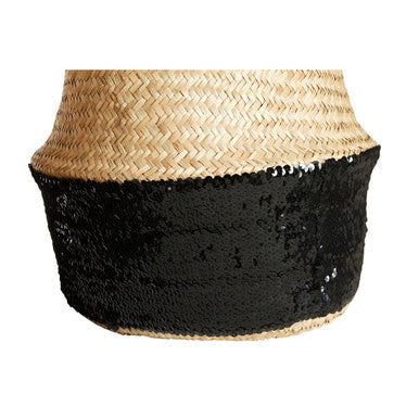 Black and natural medium seagrass basket with natural straw top and black sequined bottom for stylish storage