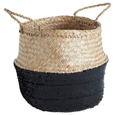 Black and natural medium seagrass basket with twisted rope handles featuring natural medium seagrass weave and black base