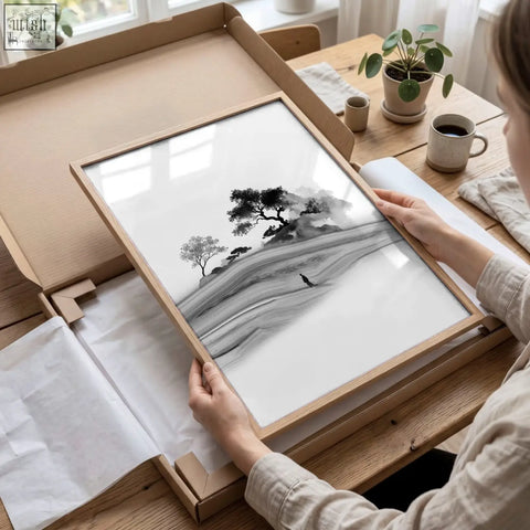 Minimalist black and white artwork featuring japanese ink landscape with solitary figure in misty hills and red sun wall art print