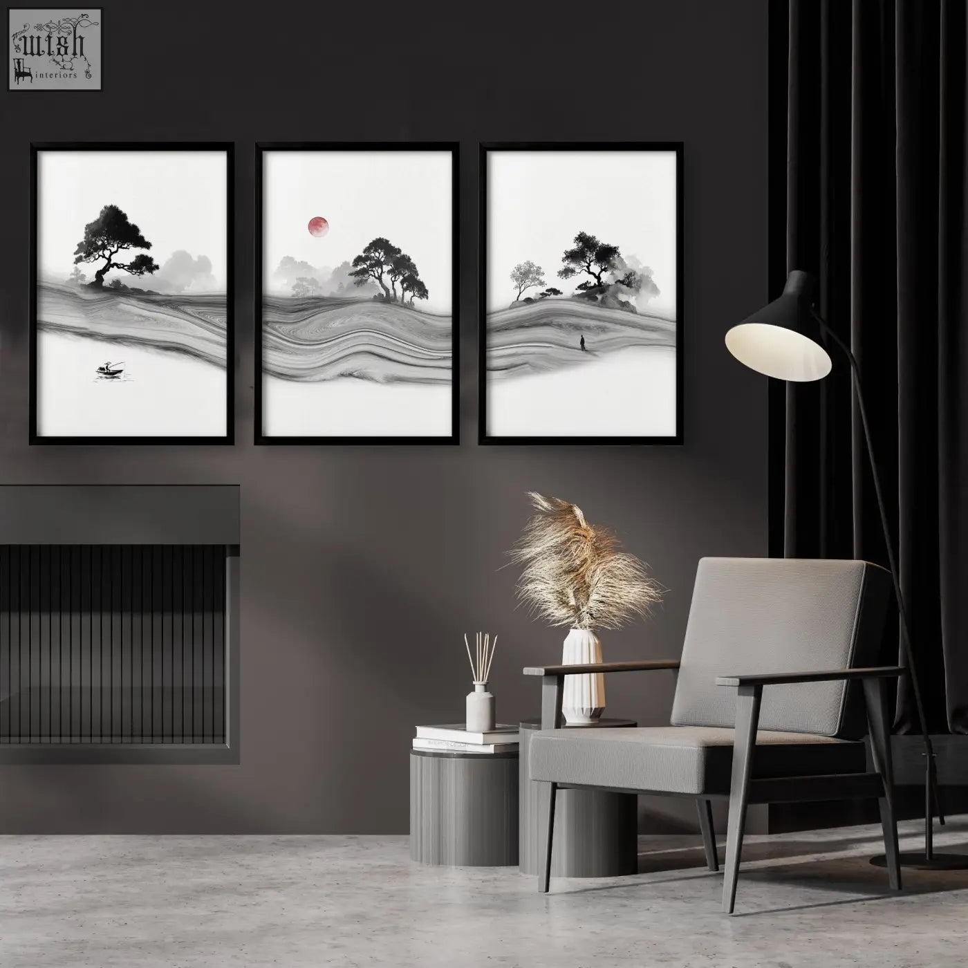 Set of three black-framed japanese ink landscape wall art prints featuring white artwork with misty hills and red sun