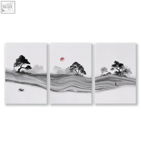Three-panel minimalist japanese ink landscape wall art with white artwork featuring a red sun and silhouetted trees