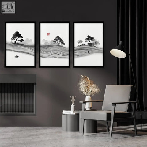 Set of three black-framed japanese ink landscape wall art prints featuring white artwork with misty hills and red sun