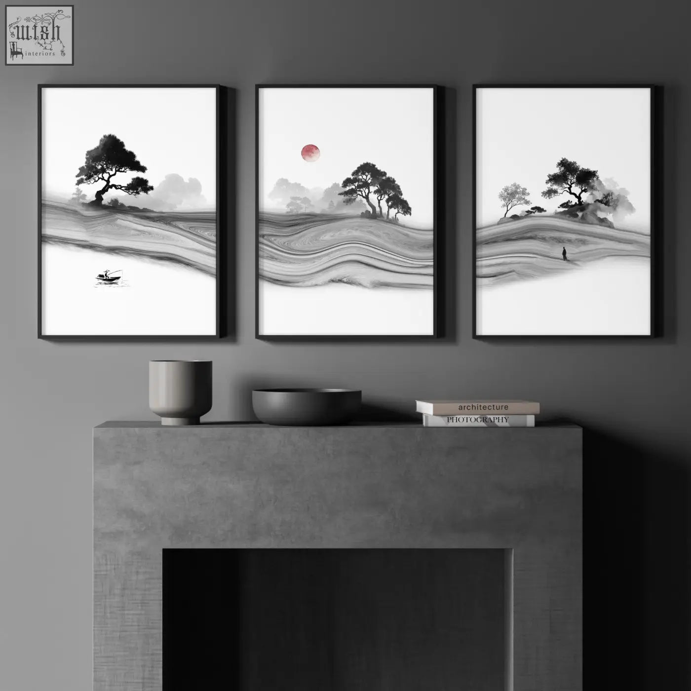 Set of three black framed japanese ink landscape wall art prints featuring serene trees water and a red sun