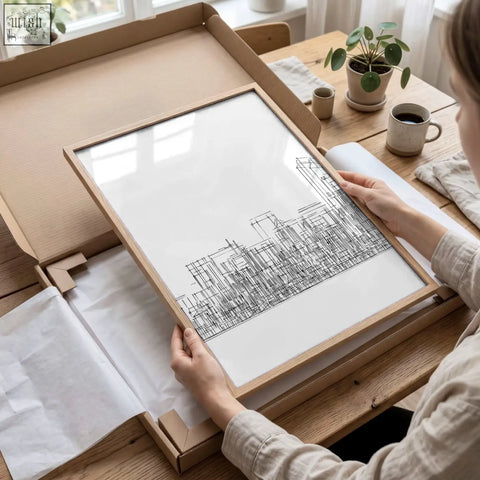 Minimalist black line art city skyline on white canvas in three panels framed in light wood for wall decor