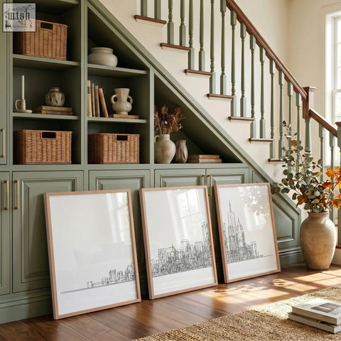 Three panels of black and white line art featuring new york skyline on white canvas in light wood frames