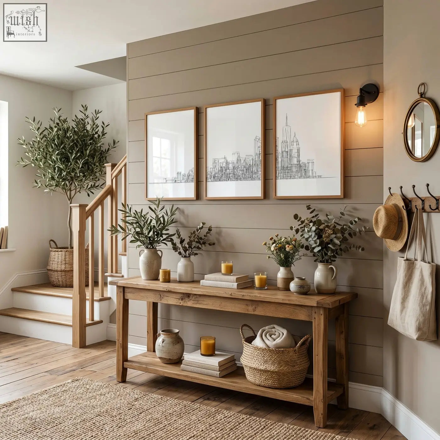 Rustic wooden console table with natural finish and two shelves styled with woven baskets and three panels black and white canvas line art prints