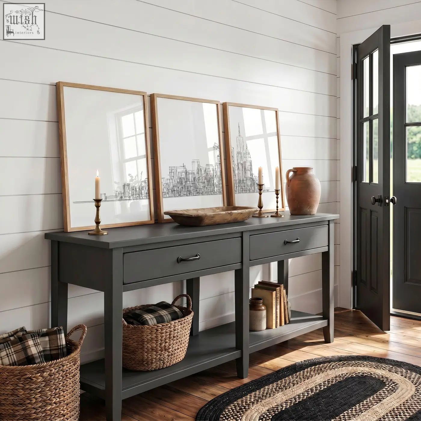 Dark gray console table with rustic wooden top and drawers below black and white canvas new york skyline line art three panels
