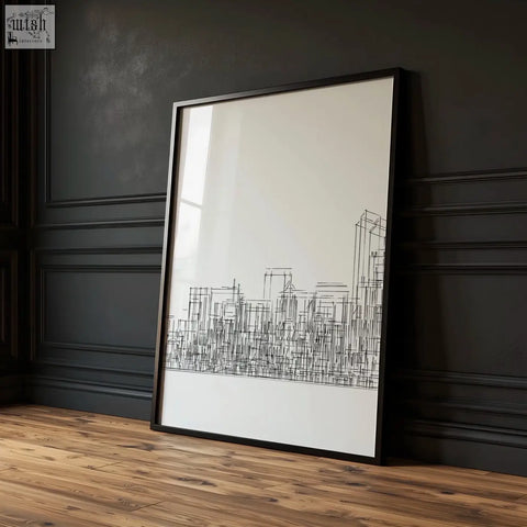 Black-framed white canvas minimalist new york skyline line art in three panels with fine line skyscraper sketches