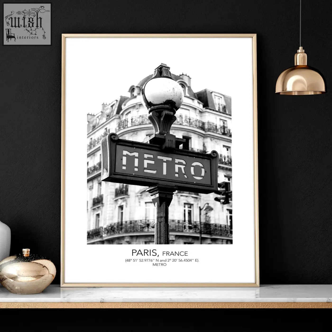 Black and white print set of 3 paris wall art featuring classic metro sign with ornate paris wall architecture background