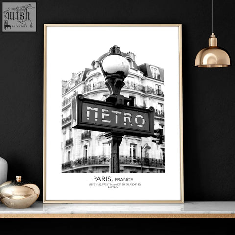 Black and white print set of 3 paris wall art featuring classic metro sign with ornate paris wall architecture background