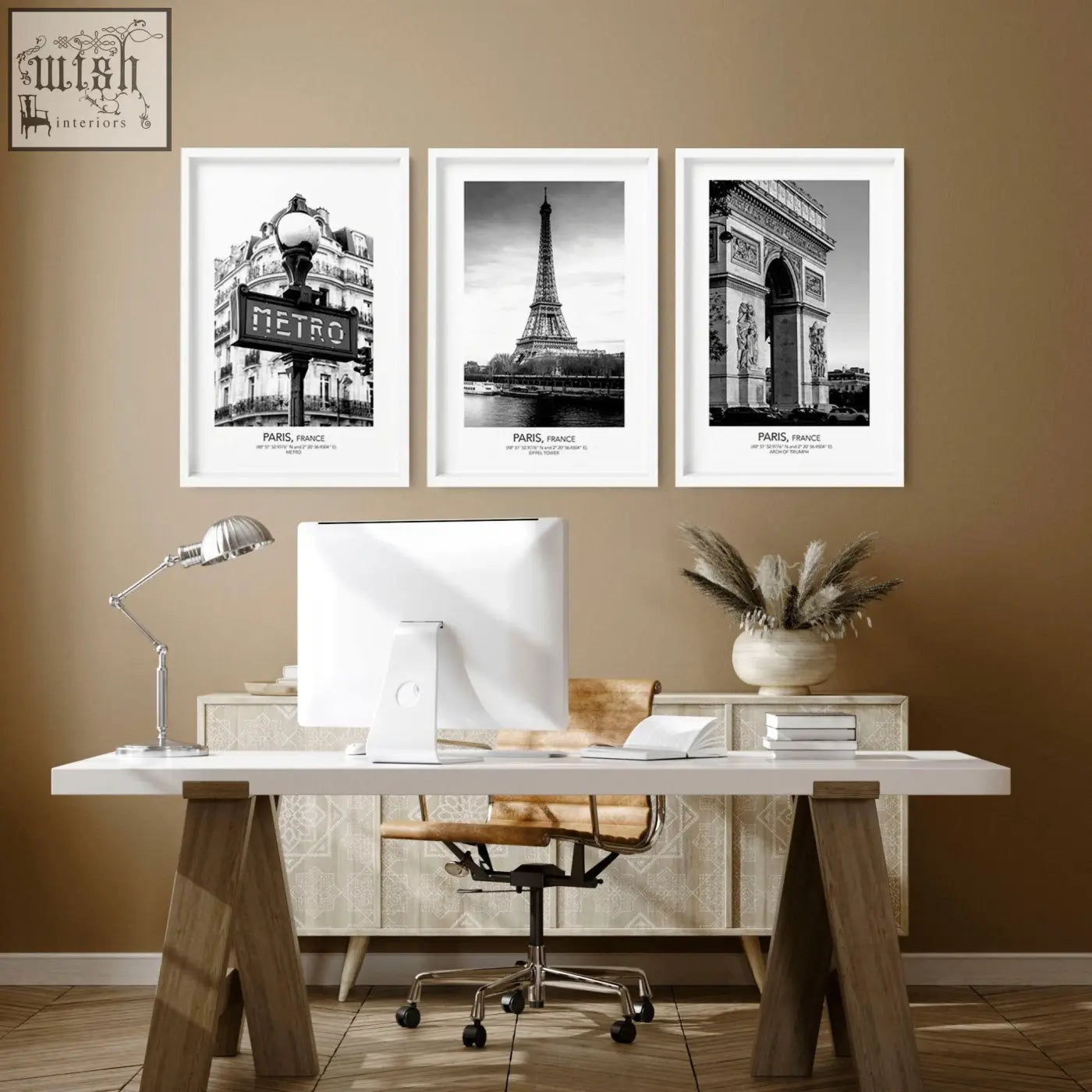 Set of three black and white paris wall art prints featuring metro sign eiffel tower and arc de triomphe in frames