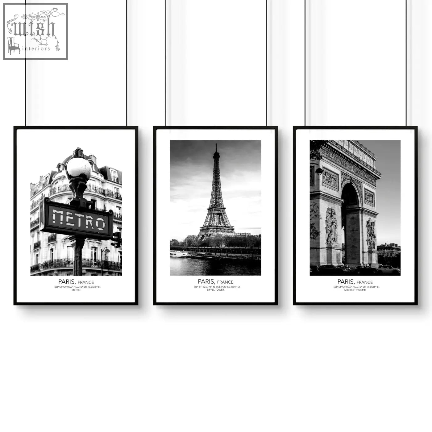 Set of three black-framed paris wall art prints in black and white perfect for stylish wall art decor