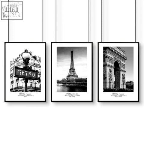 Set of three black-framed paris wall art prints in black and white perfect for stylish wall art decor