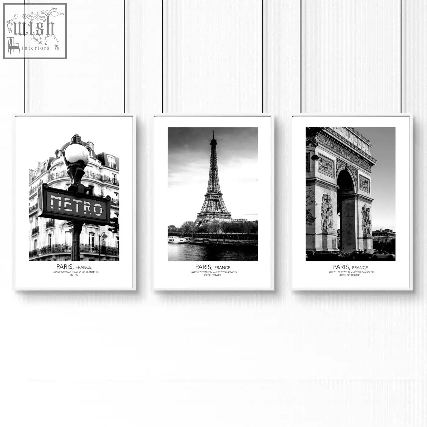 Set of three black and white framed paris wall art prints featuring metro sign eiffel tower and arc de triomphe