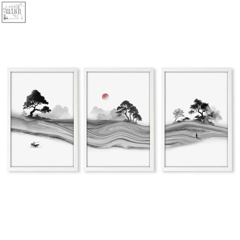 Set of three white prints featuring minimalist black and white ink landscapes with a red moon for living room decor