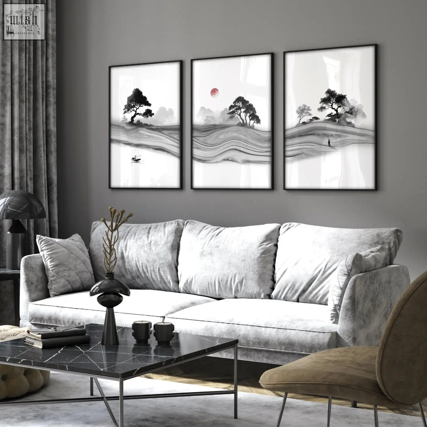Set of three black and white ink wash landscape prints for living room with a red moon framed in sleek black