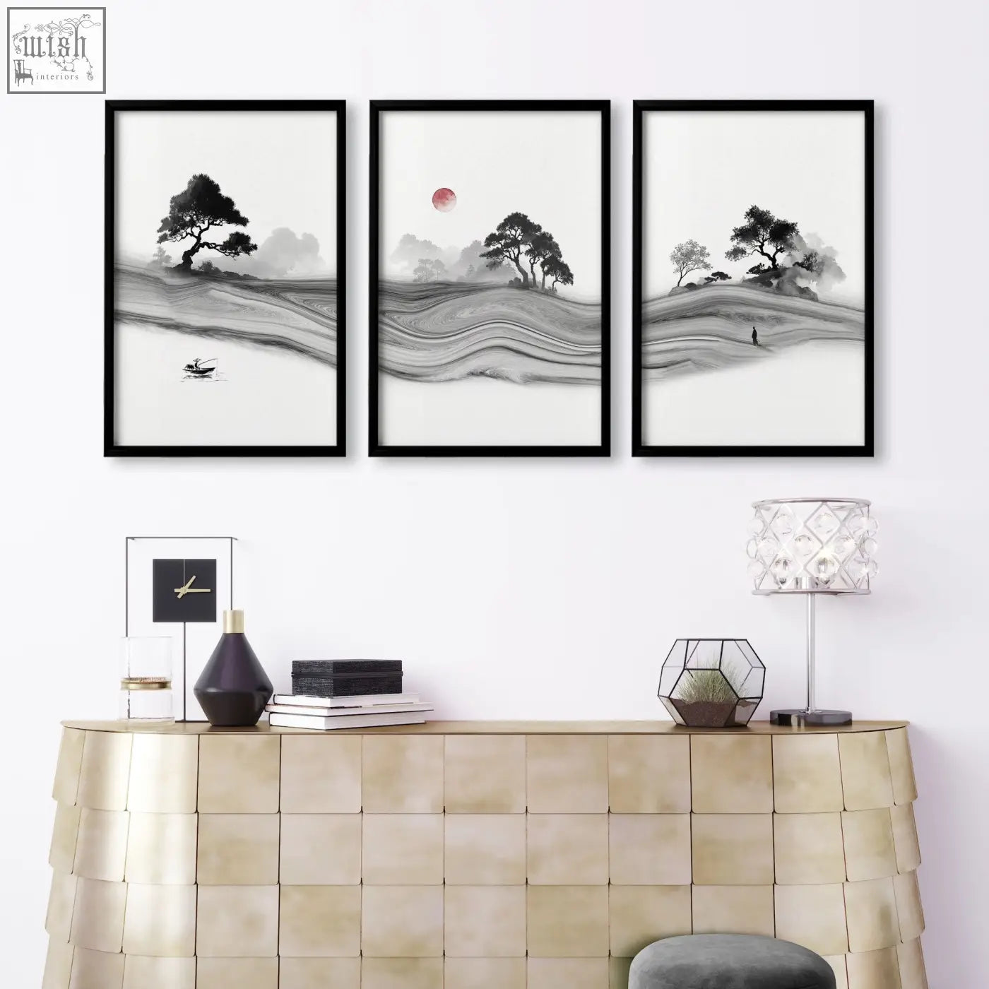 Set of three black-framed white prints featuring japanese ink landscape with trees misty hills and a red moon for living room