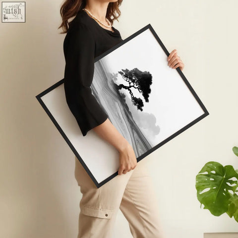 Black and white prints for living room featuring minimalist black framed tree silhouette with red moon and marble background