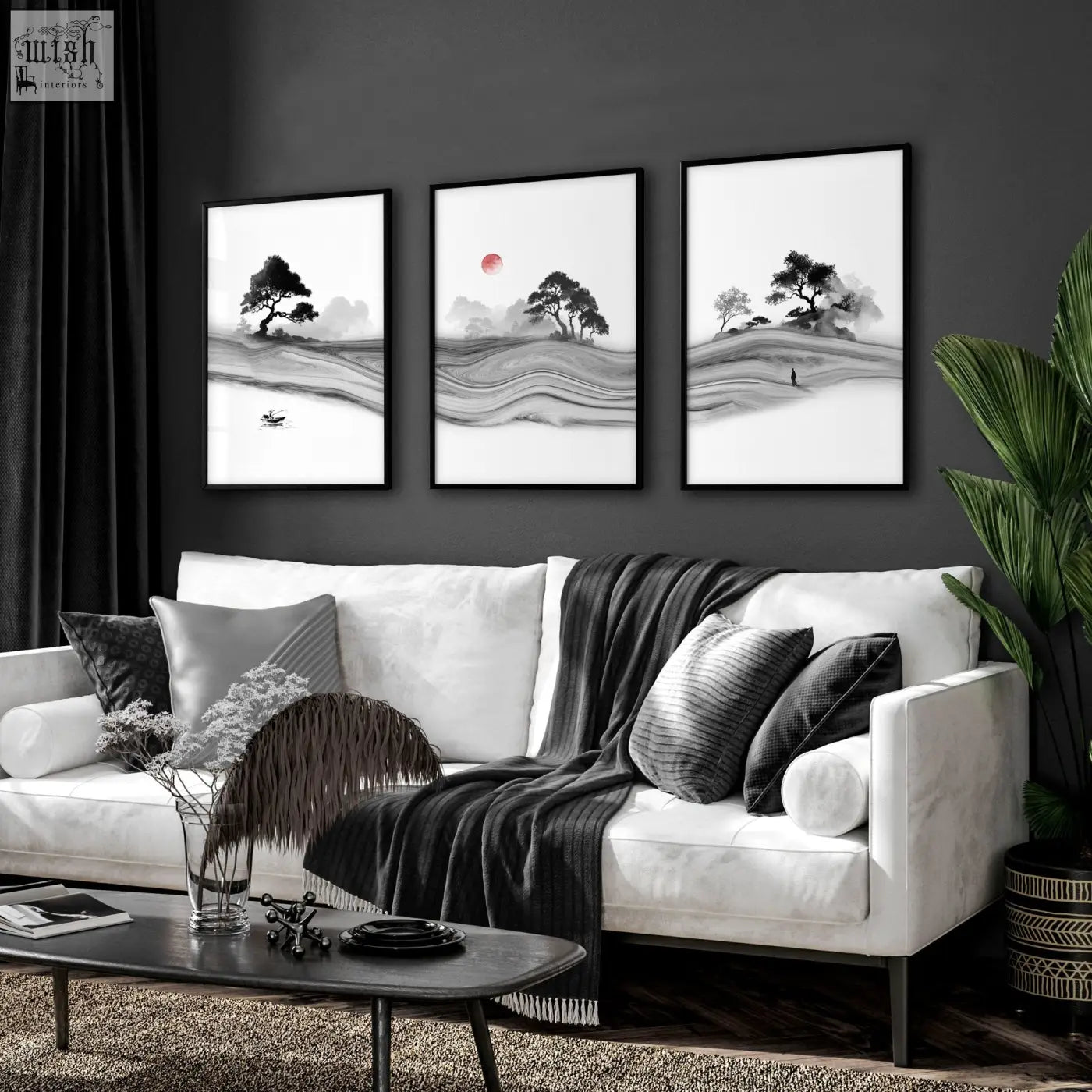 Three black and white prints featuring japanese ink landscape with minimalist trees and a red moon for living room decor