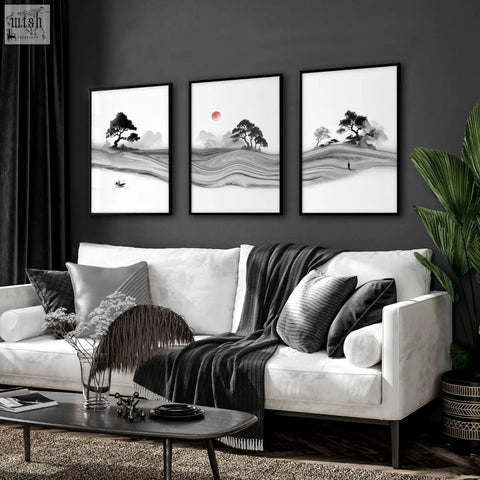 Three black and white prints featuring japanese ink landscape with minimalist trees and a red moon for living room decor
