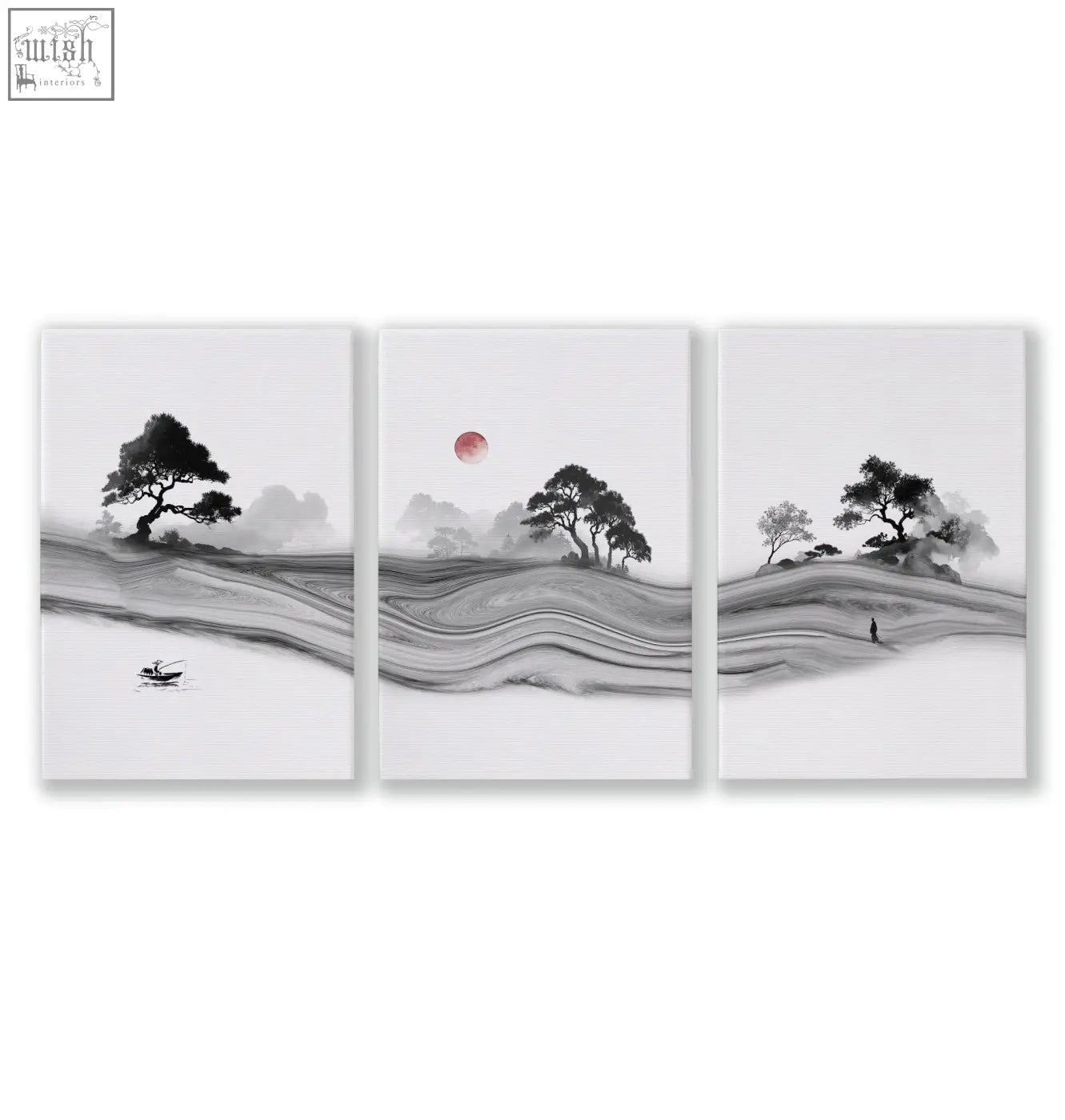 Three-panel black and white prints for living room featuring minimalist japanese ink landscape with red moon and trees