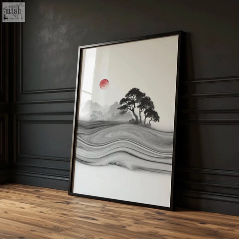 Black-framed black and white prints featuring a minimalist japanese ink landscape with red moon for living room decor