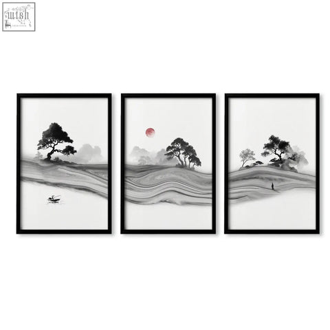 Set of three black-framed white prints with japanese ink landscape and red moon for living room decor