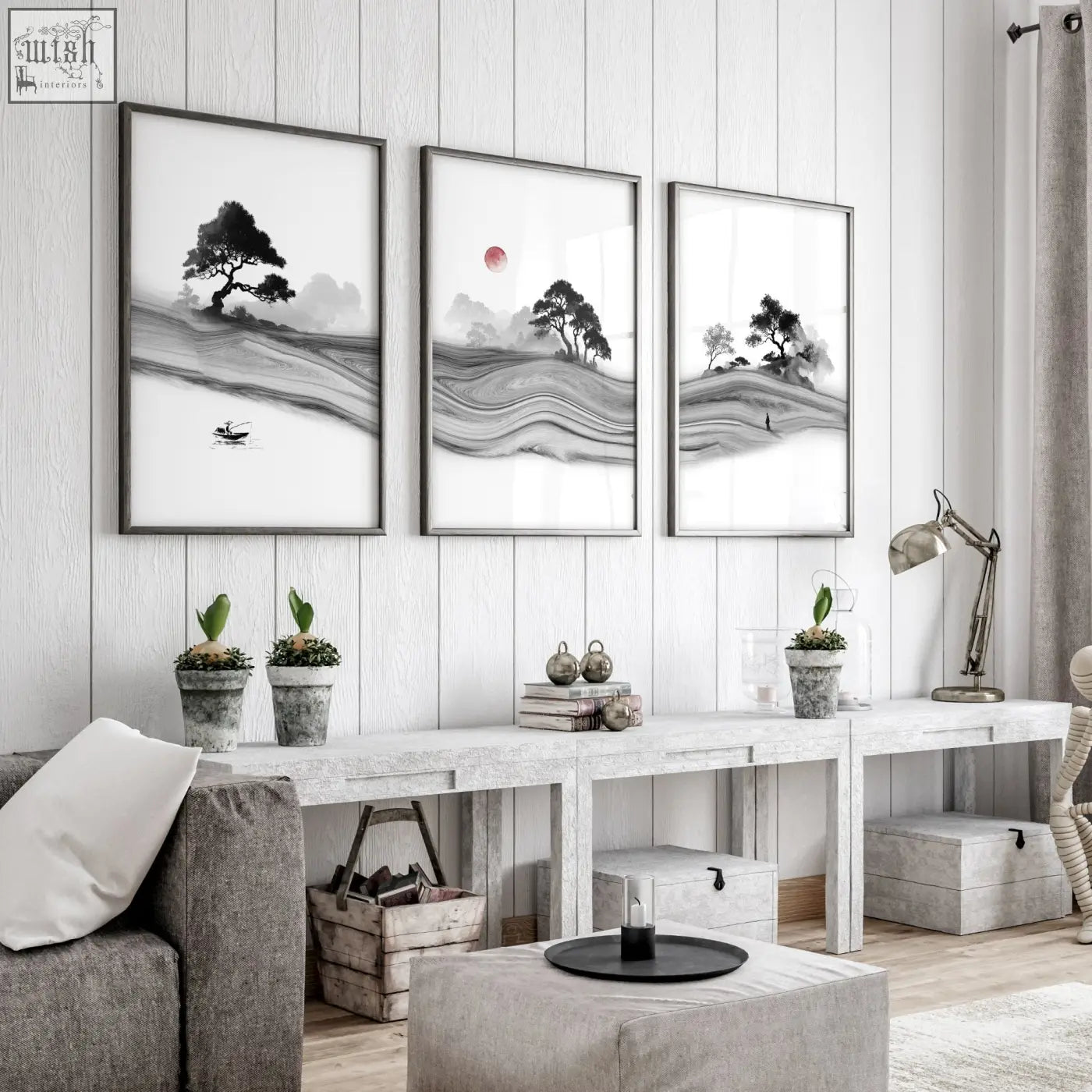 Three black and white prints with minimalist japanese ink landscapes and red moon perfect for living room decor