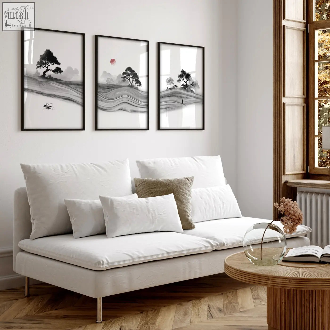 Set of three black-framed white prints with minimalist japanese ink landscape and red moon for living room decor