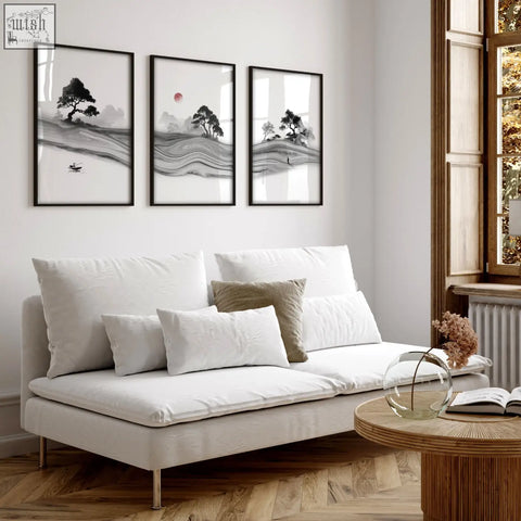 Set of three black-framed white prints with minimalist japanese ink landscape and red moon for living room decor
