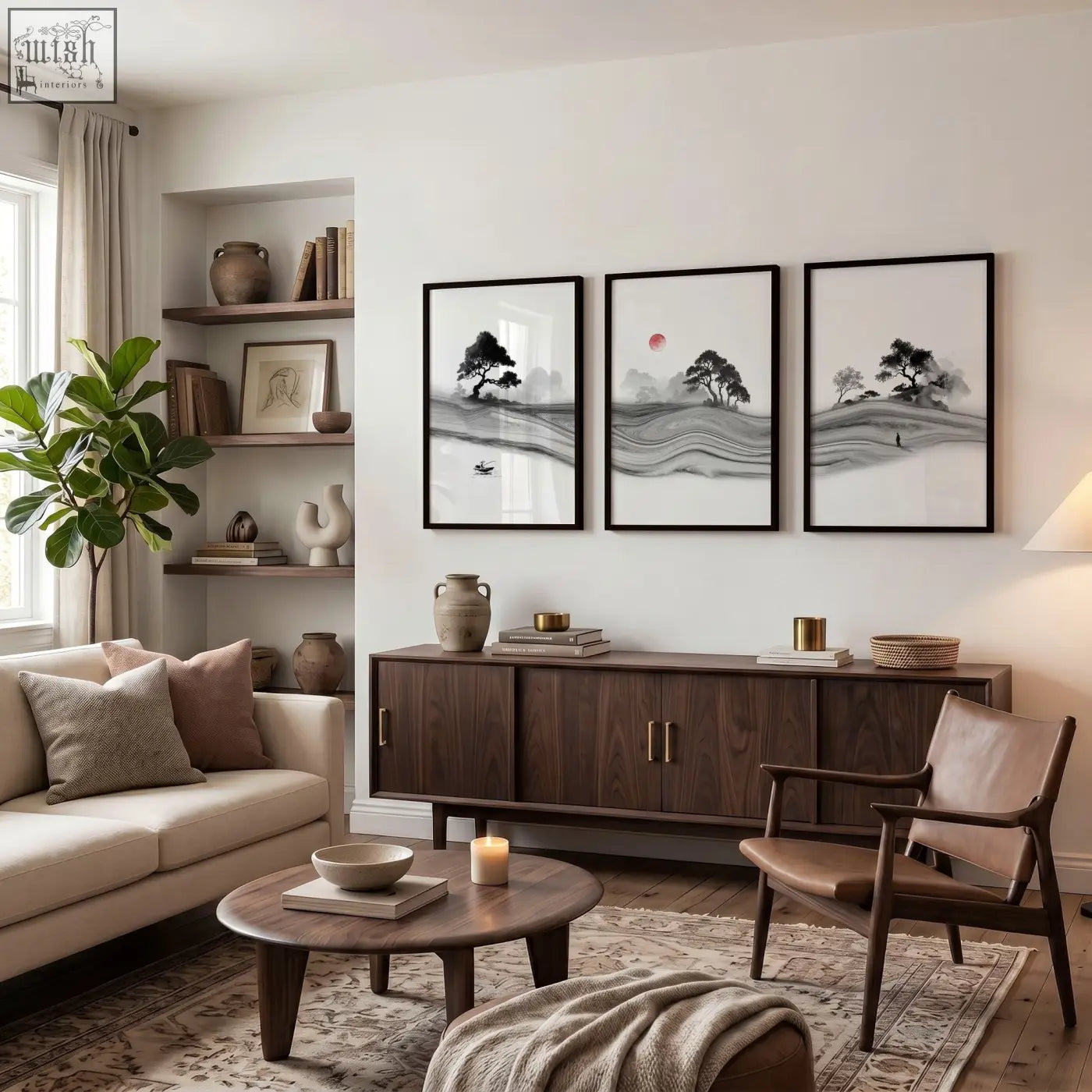 Three framed black and white ink wash prints with minimalist trees and red moon perfect for living room decor
