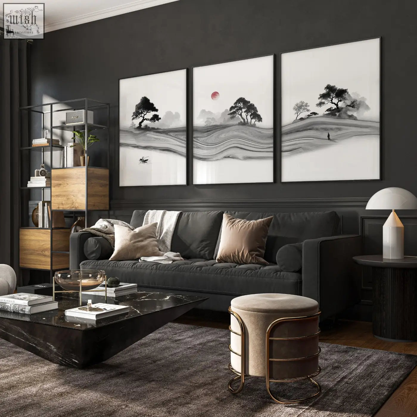 Three-panel black and white prints featuring minimalist trees and a red moon for living room decor