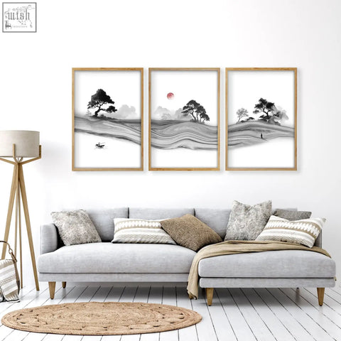 Set of three minimalist black and white prints featuring japanese ink landscape with red moon for living room decor