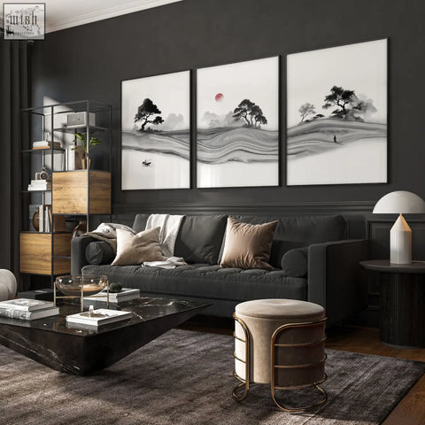 Three-panel black and white prints featuring minimalist trees and a red moon for living room decor